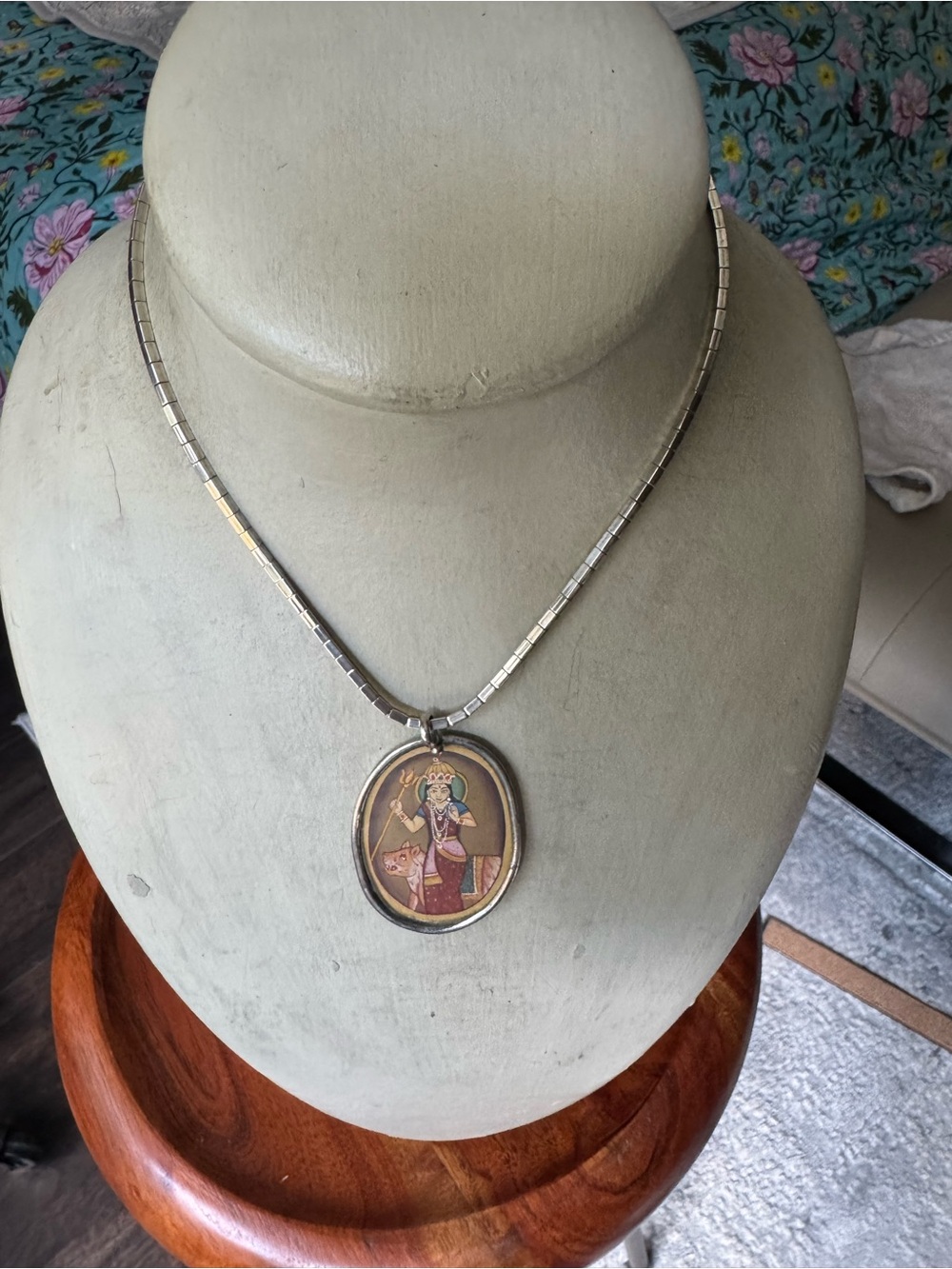Vintage Indian Miniature Painting Glass Framed Pendant Necklace-